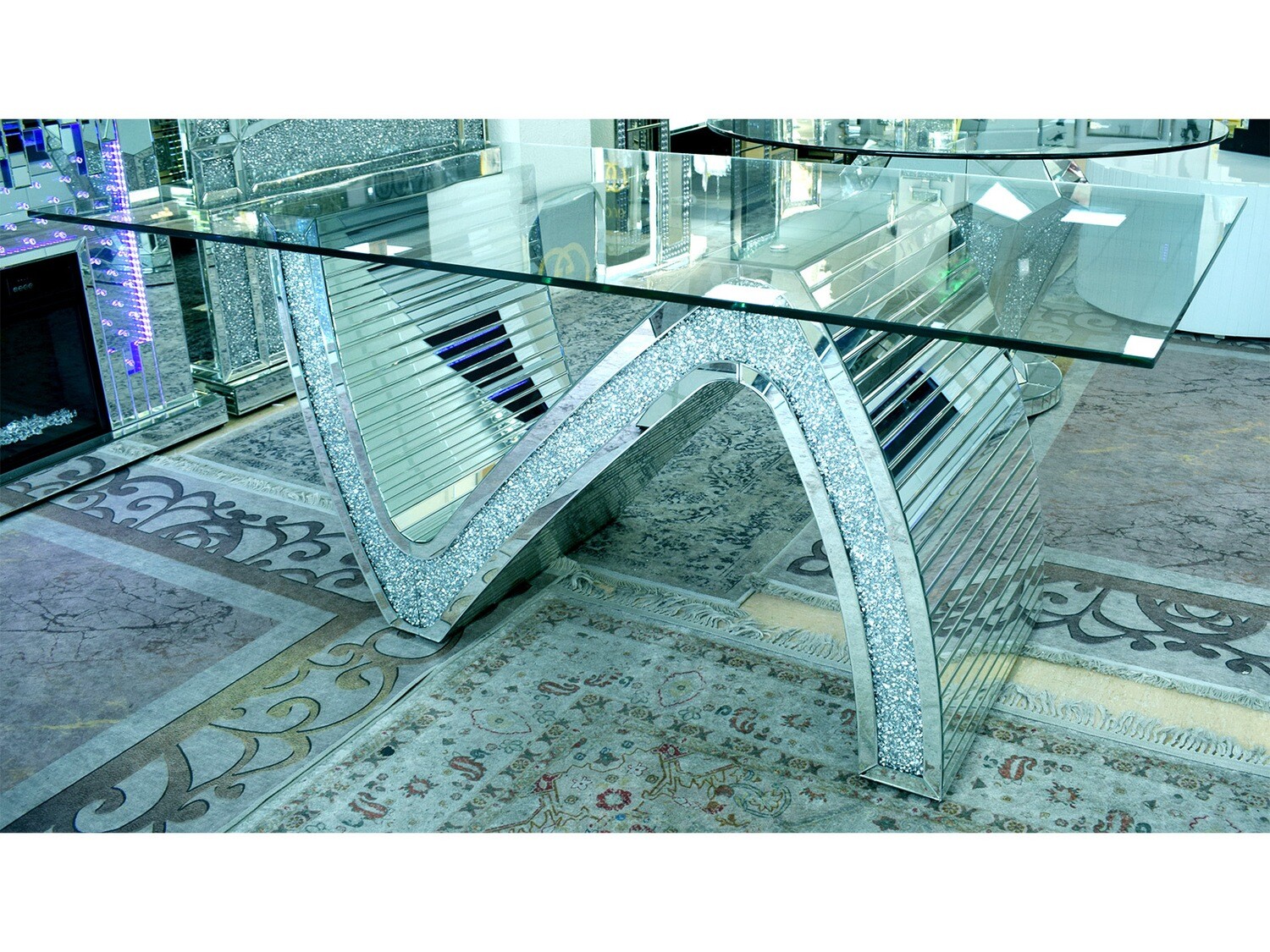 Spiegel Esstisch "Rio" 180x100 Glasplatte Silber Diamant-Design