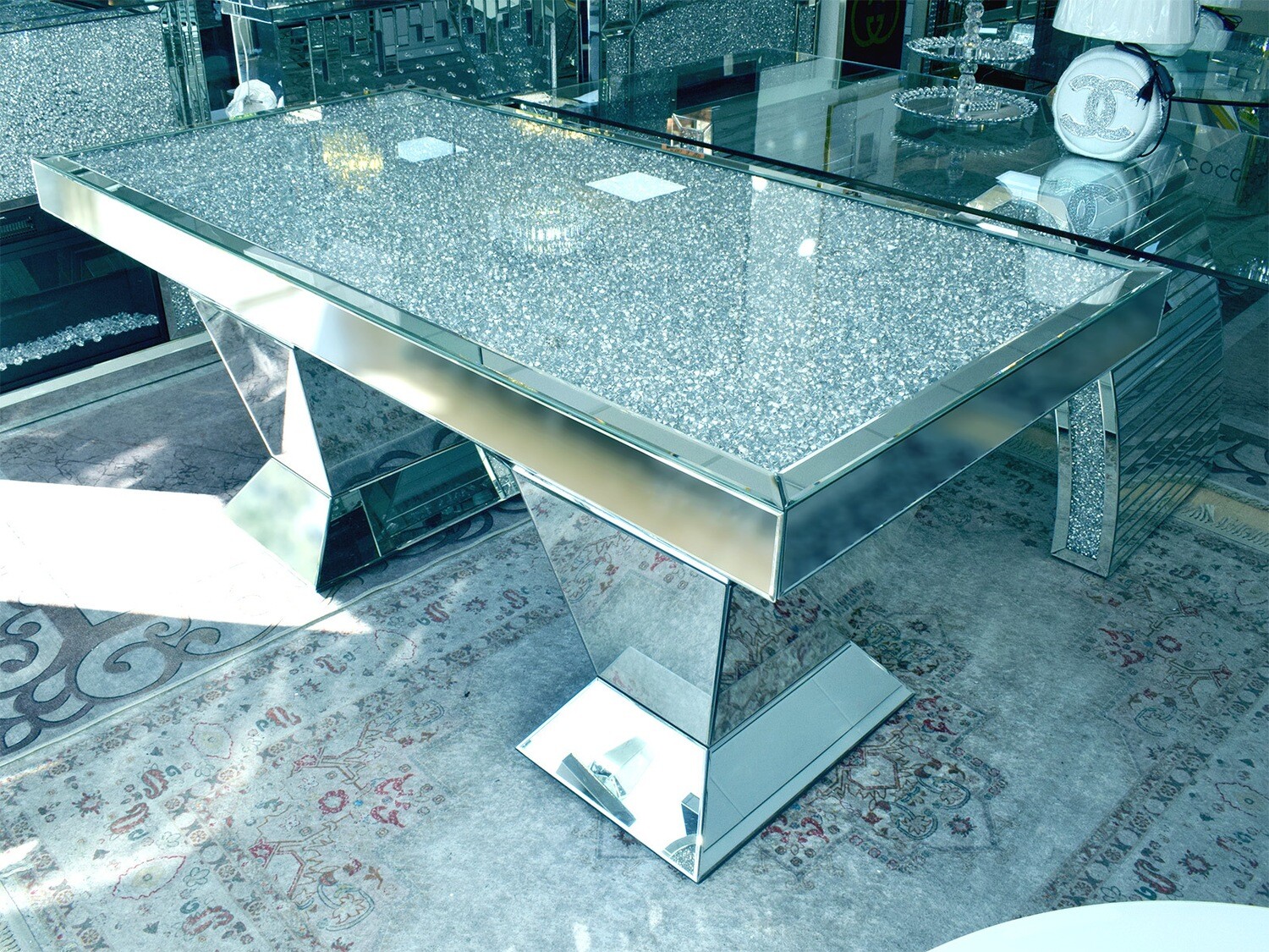 Spiegel Esstisch "Lina" 180x90 Glasplatte Silber Diamant-Design