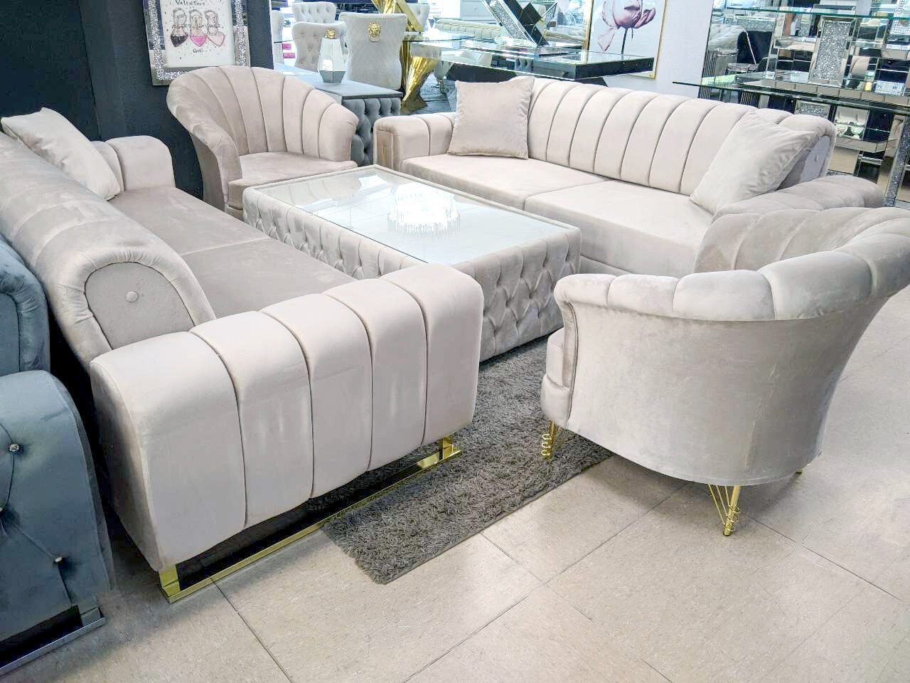 Design 3-3-1-1 Schlaf Sofa "Athen" Beige Gold Couch Garnitur