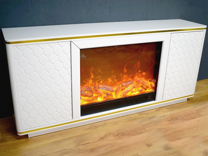 TV-Schrank &quot;Marko&quot; Deko-Kamin 180x40 Weiss Gold Kommode