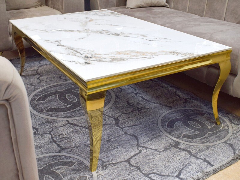 XL Couchtisch &quot;Ayla&quot; 150 cm Weiss Gold Marmor-Design Wohnzimmer