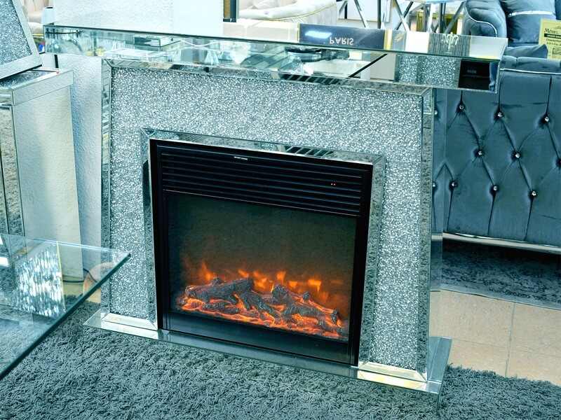 Spiegel Kamin &quot;Daniel&quot; LED Heizfunktion Diamant-Design Silber