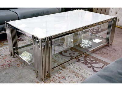 Design Couchtisch "Piano" 130x70 Weiss Silber Marmor-Design Wohnzimmer