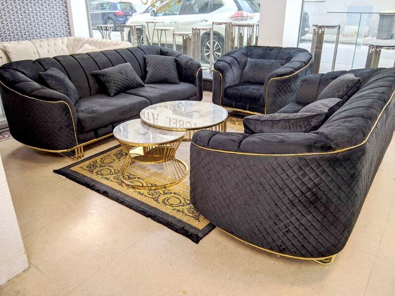 XL Chesterfield Sofa &quot;Artus&quot; 3-3-1 Schwarz Gold + Farbauswahl Wohnzimmer