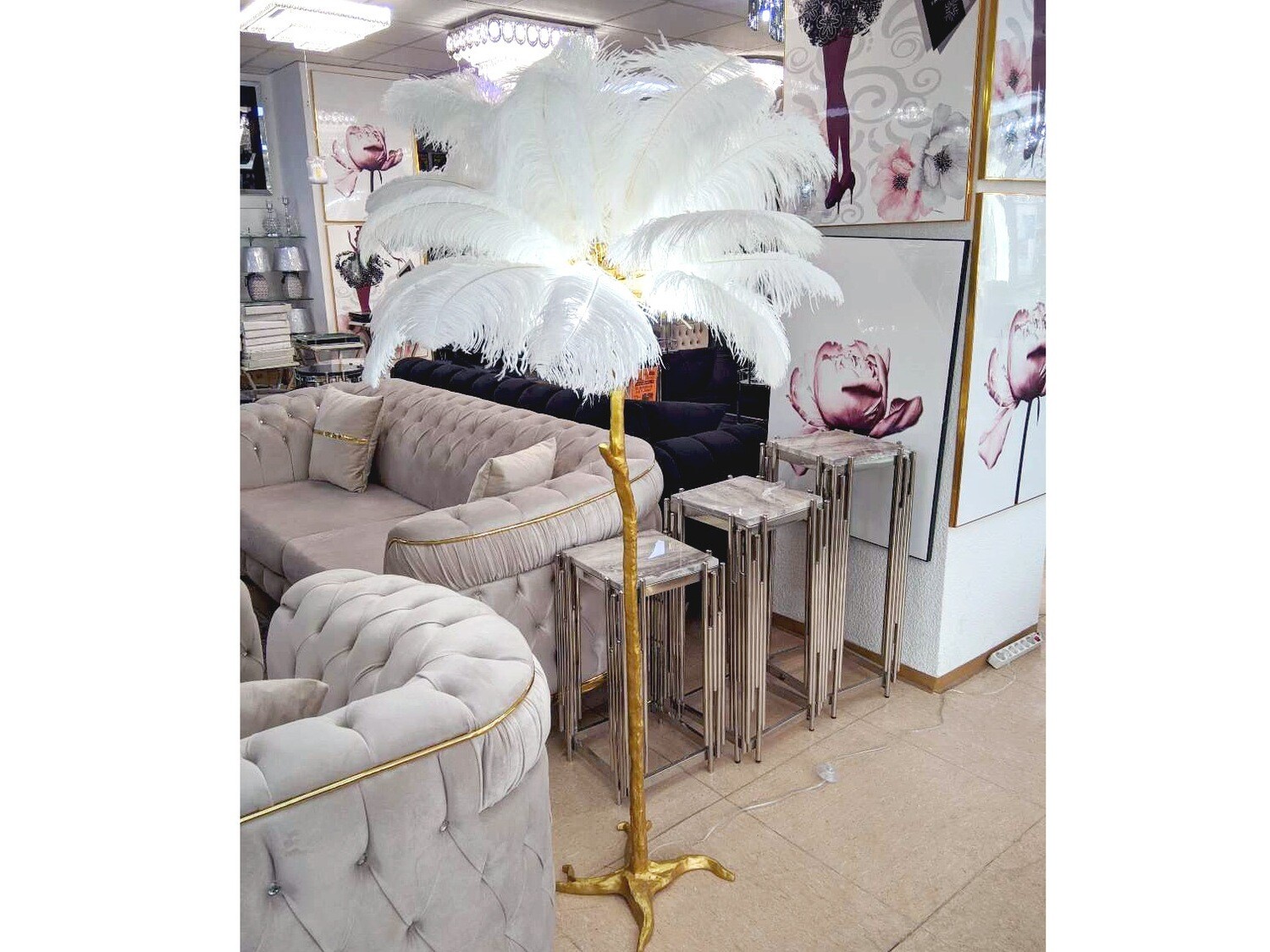 Deko Stehlampe "Sahara" Gold Weiss Palme Design + LED