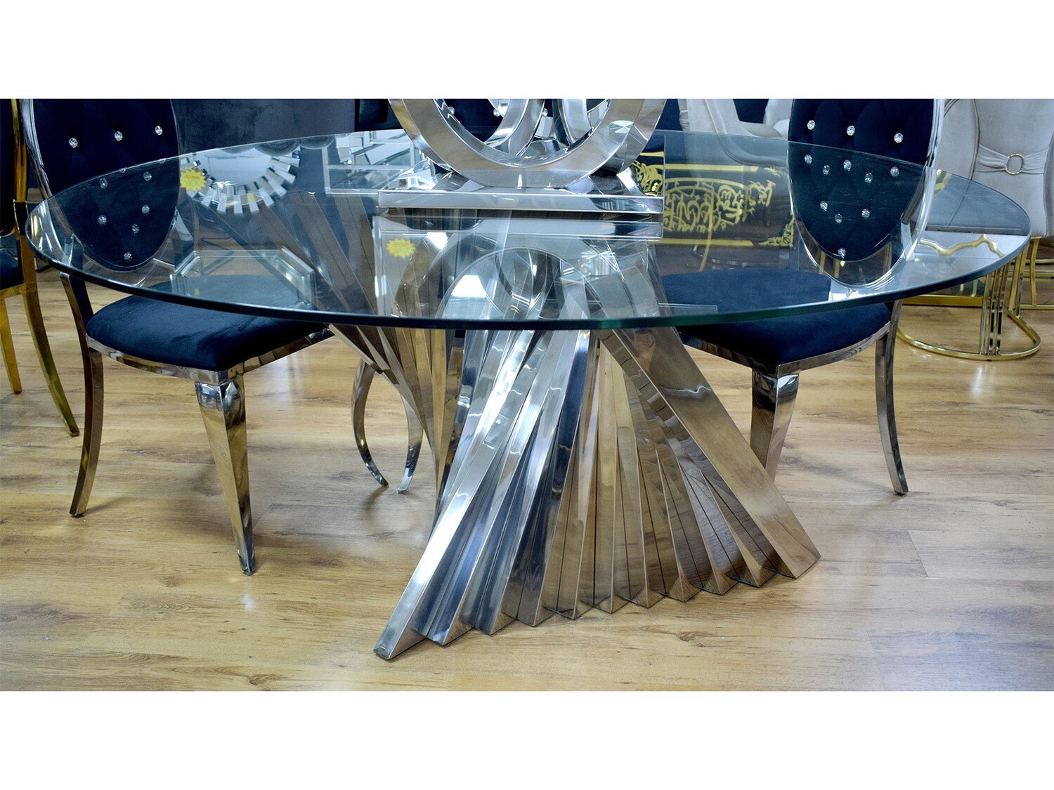 Design Esstisch "Durra" Rund 160 cm Glasplatte Silber Esszimmer