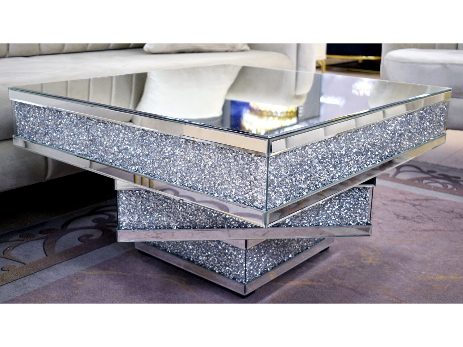 Spiegel Couchtisch "Funkel" 80x80 Diamant-Design Silber