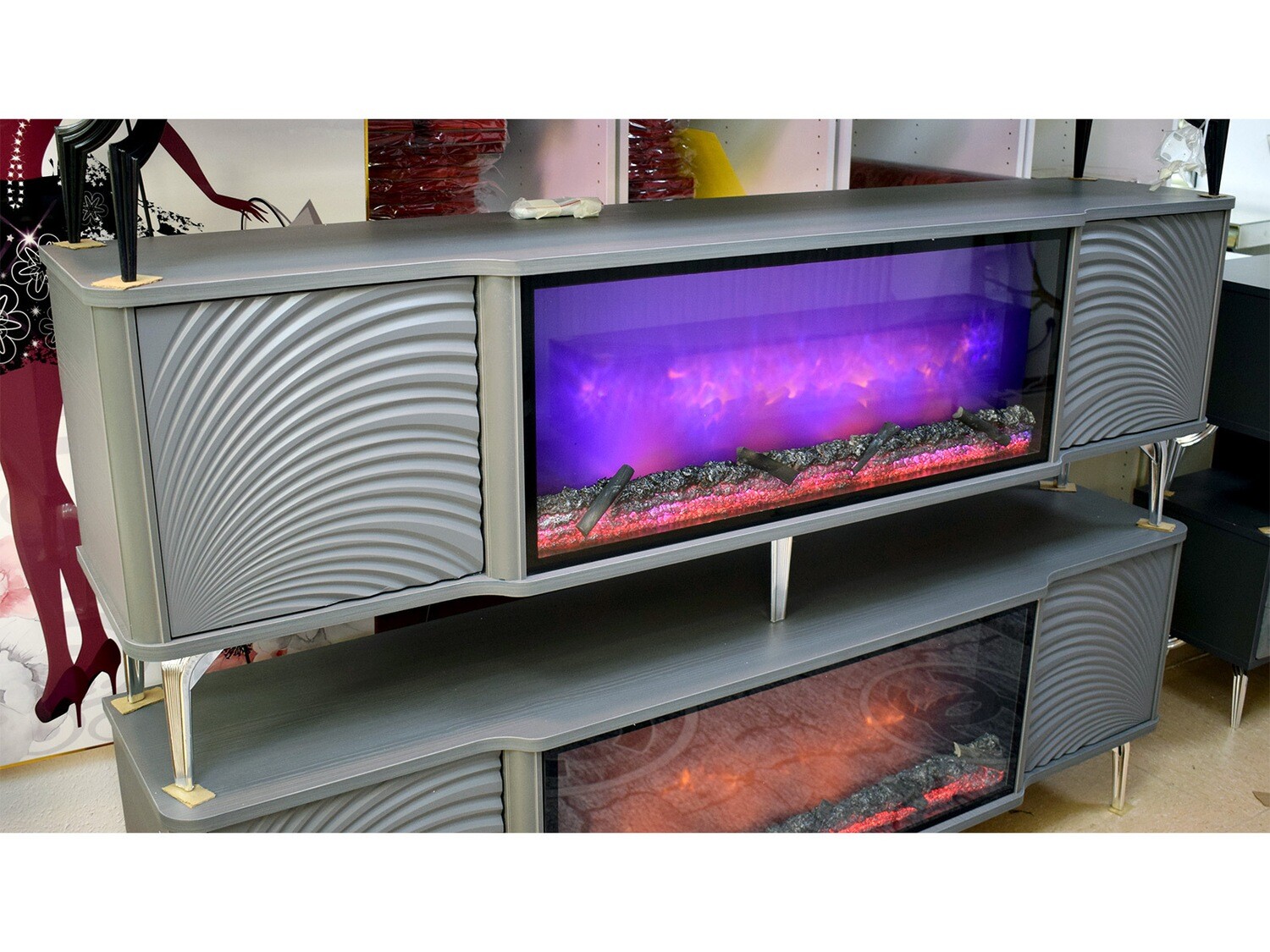 TV Lowboard &quot;Havanna&quot; Deko-Kamin Grau Silber Stauraum Schrank