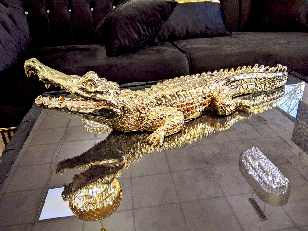 Statue Krokodil "Sobek" Gold Luxus Dekoration Figur
