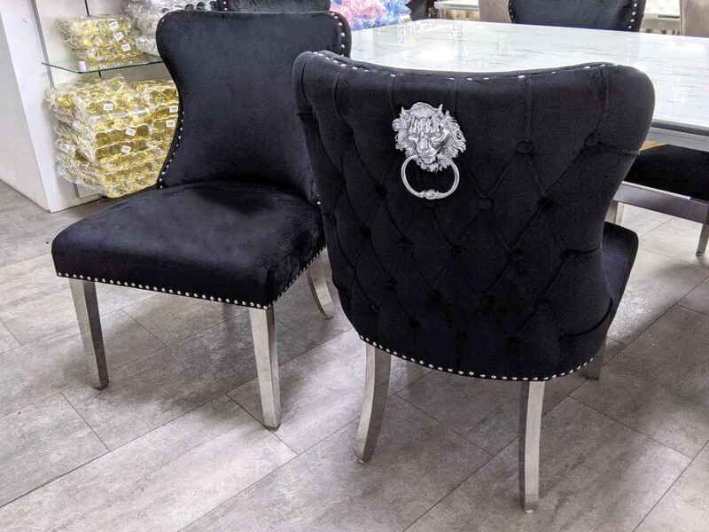 Luxus Chesterfield Stuhl &quot;Ruby&quot; Schwarz Silber Löwe Esszimmer