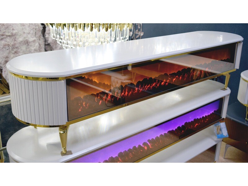TV Lowboard &quot;Cuba&quot; 180 cm Deko-Kamin Weiss Gold