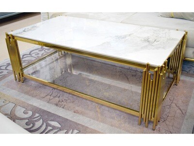 Design Couchtisch "Piano" 130x70 Weiss Gold Marmor-Design Wohnzimmer