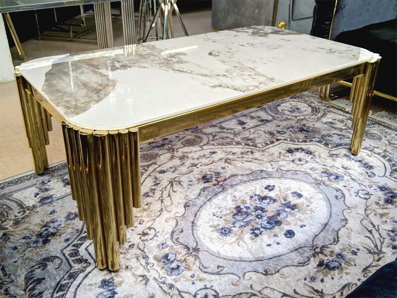 Design Couchtisch &quot;Gala&quot; 130x70 Creme Gold Marmor-Design Wohnzimmer