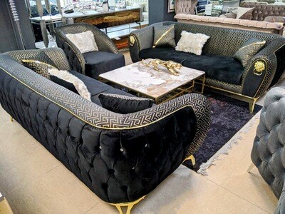 Luxus Chesterfield Sofa "Palast" 3-3-1 Schwarz Gold Wohnzimmer