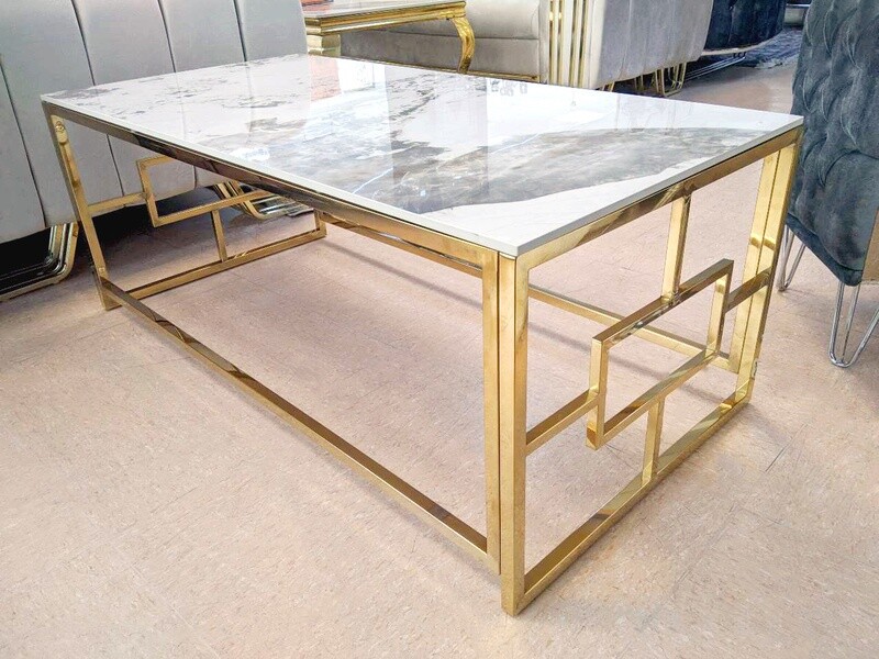Couchtisch 120x60 &quot;Han&quot; Creme Gold Marmor-Design Wohnzimmer