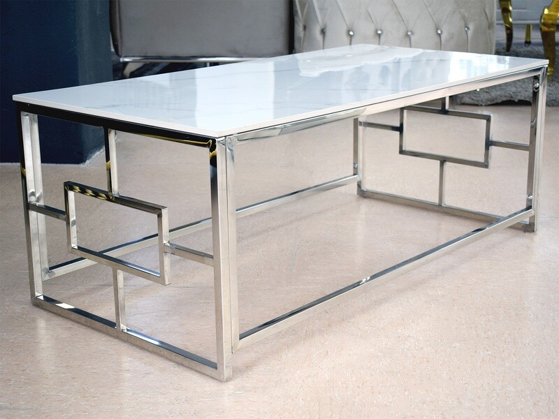 Couchtisch 120x60 &quot;Han&quot; Weiss Silber Marmor-Design Wohnzimmer