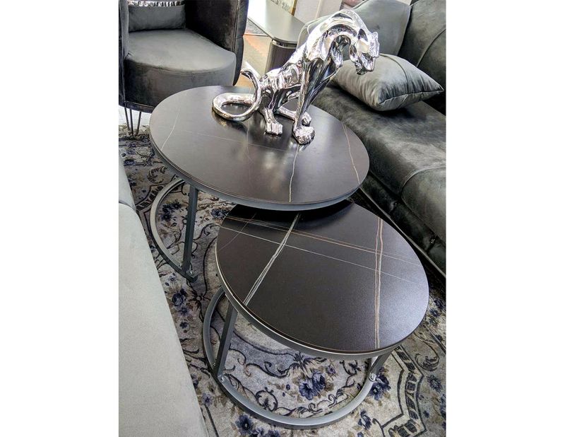2er-Set Couchtisch Schwarz Grau Marmor-Design Wohnzimmer
