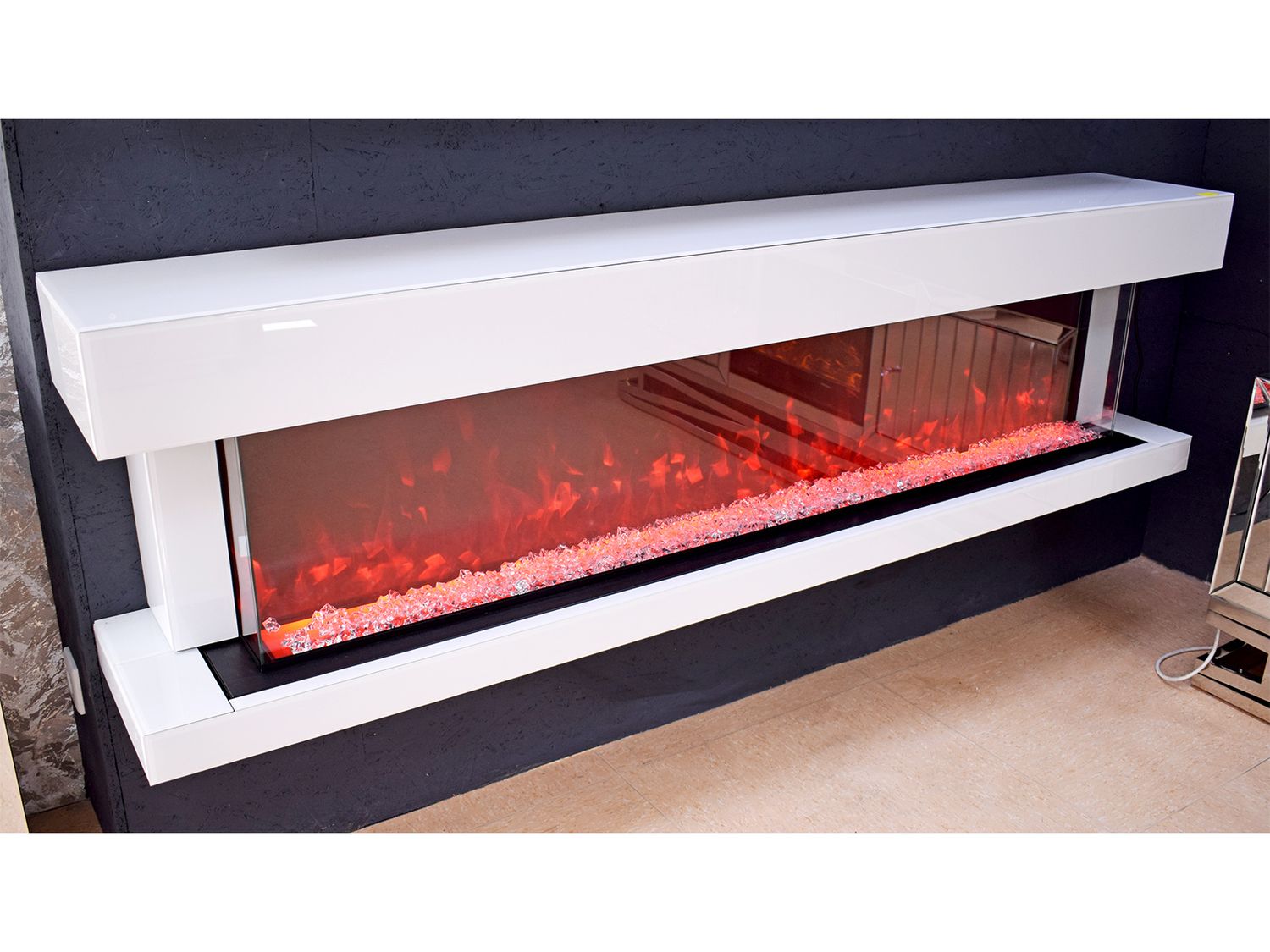 LED Deko-Hängekamin &quot;Rima&quot; 200 cm Spiegel Weiss Farbwechsel Heizfunktion