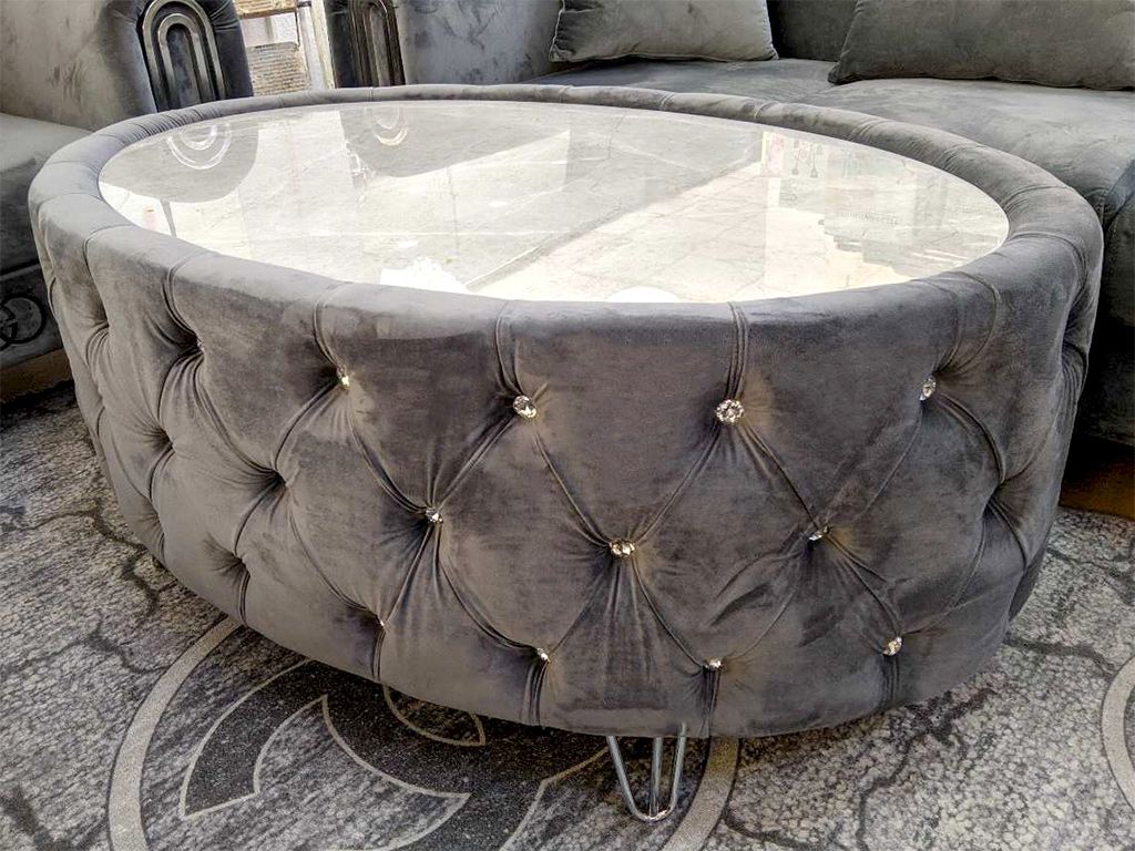 Chesterfield Couchtisch &quot;Patrick&quot; Grau Silber Mamor-Design Glasplatte Wohnzimmer