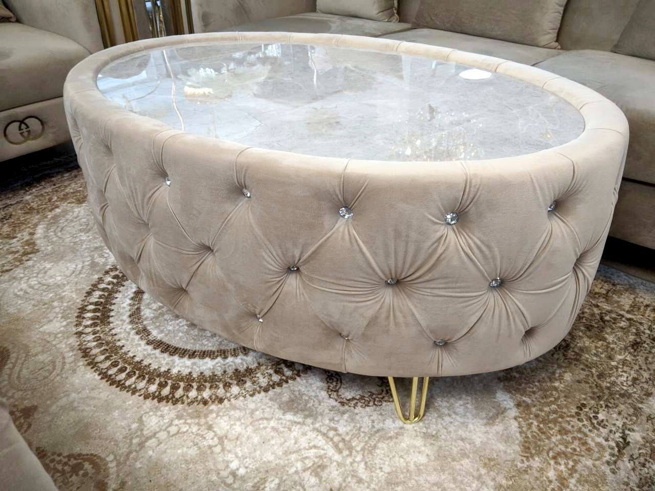 Chesterfield Couchtisch &quot;Patrick&quot; Beige Gold Mamor-Design Glasplatte Wohnzimmer