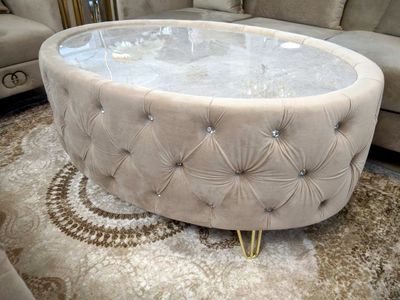 Chesterfield Couchtisch &quot;Patrick&quot; Beige Gold Mamor-Design Glasplatte Wohnzimmer