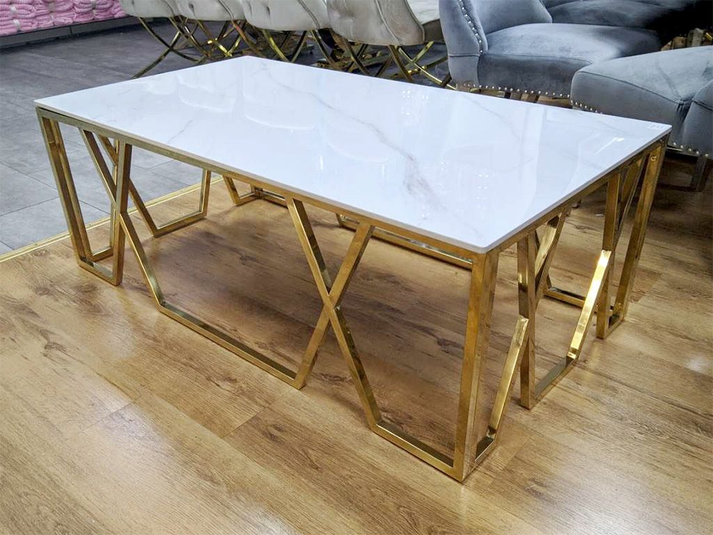Design Couchtisch &quot;Farah&quot; 130x70 Weiss Gold Marmor-Design Wohnzimmer