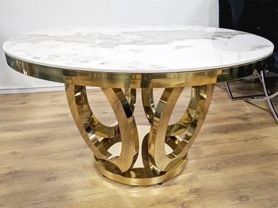 Design Esstisch Rund &quot;Gloria&quot; Ø ca. 130 cm Weiss Gold Marmor-Optik