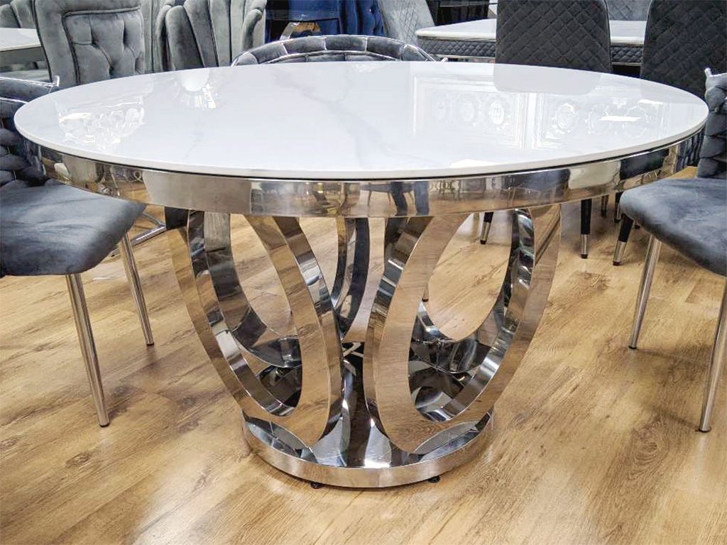 Design Esstisch Rund &quot;Gloria&quot; Ø ca. 130 cm Weiss Silber Marmor-Optik