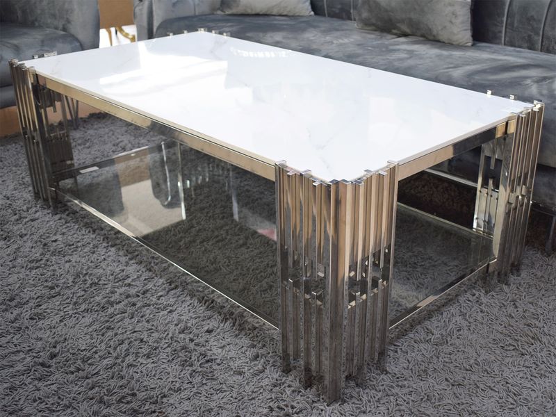 Design Couchtisch &quot;Piano 2&quot; 130x70 Weiss Silber Marmor-Design
