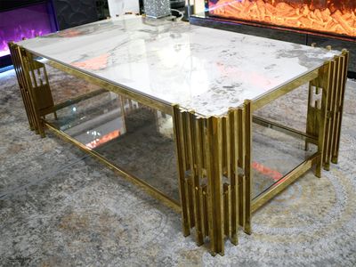 Design Couchtisch &quot;Piano 2&quot; 130x70 Weiss Gold Marmor-Design