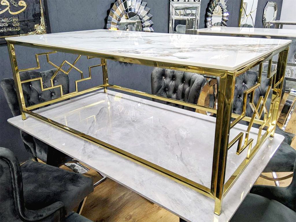 Design Couchtisch &quot;Astra&quot; 130x70 Weiss Gold Marmor-Optik Wohnzimmer