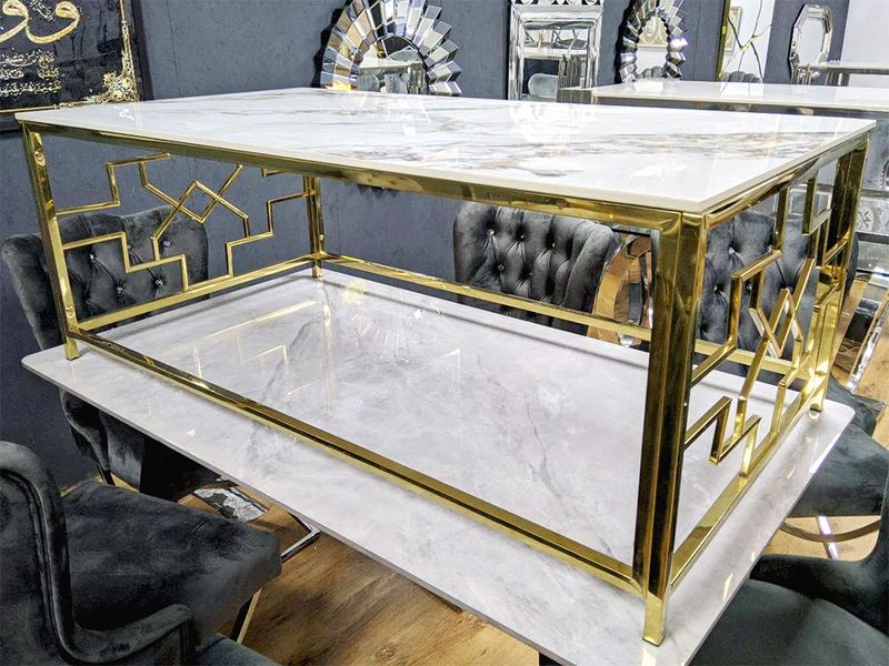 Design Couchtisch &quot;Astra&quot; 130x70 Weiss Gold Marmor-Optik Wohnzimmer