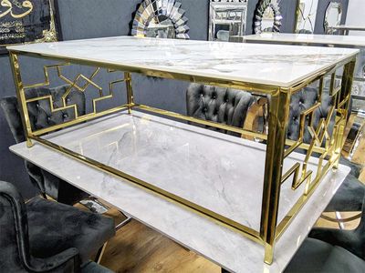 Design Couchtisch &quot;Astra&quot; 130x70 Weiss Gold Marmor-Optik Wohnzimmer