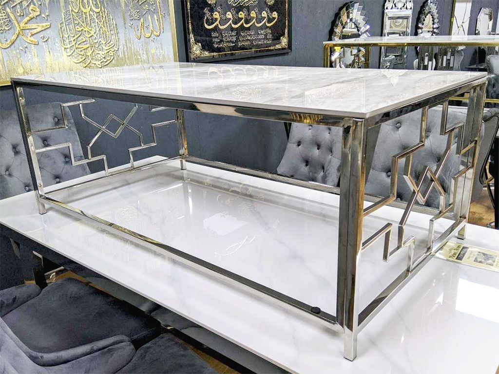 Design Couchtisch &quot;Astra&quot; 130x70 Grau Silber Marmor-Optik Wohnzimmer