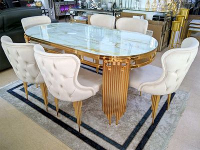 Esszimmer-Set &quot;Piano&quot; mit Esstisch Weiss Gold + 6 Stühle Beige Gold