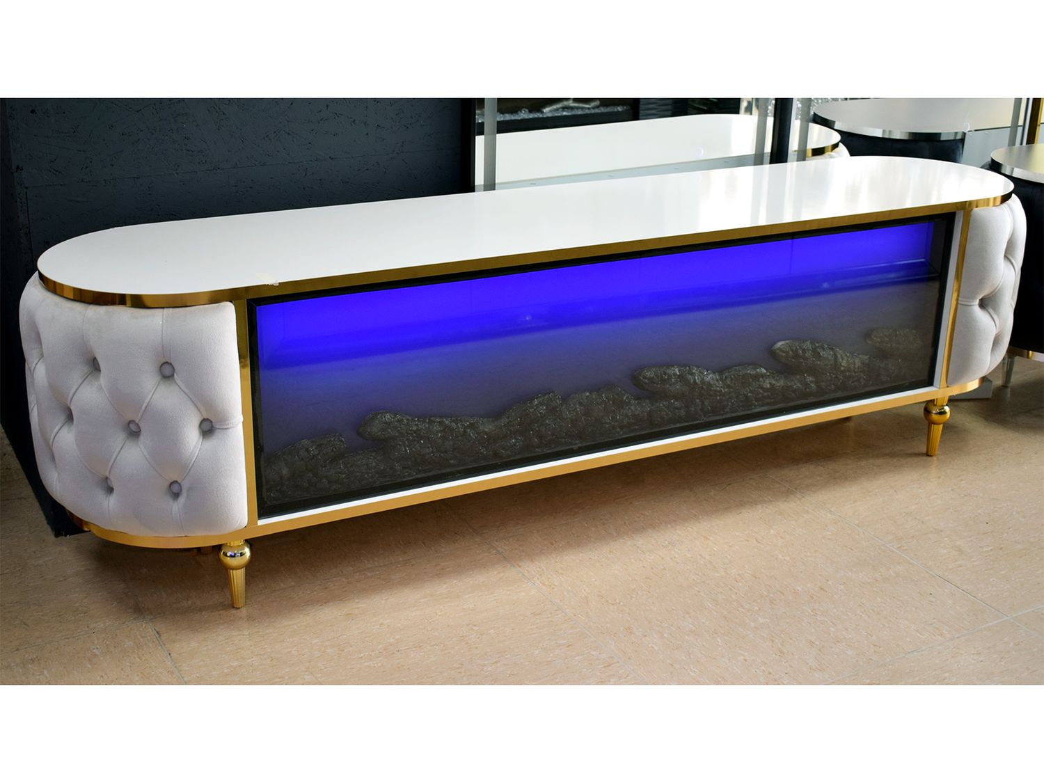 LED Chesterfield TV-Lowboard Deko Kamin &quot;Hugo&quot; 180 cm Beige / Gold