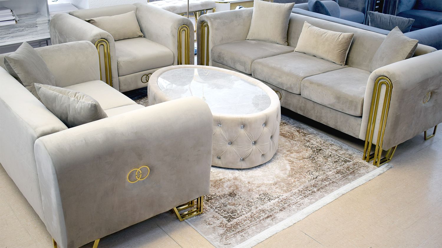 Design Sofa 3-2-1 &quot;Guzio&quot; Farbauswahl Couch Sessel Wohnzimmer, Variante: Beige / Gold