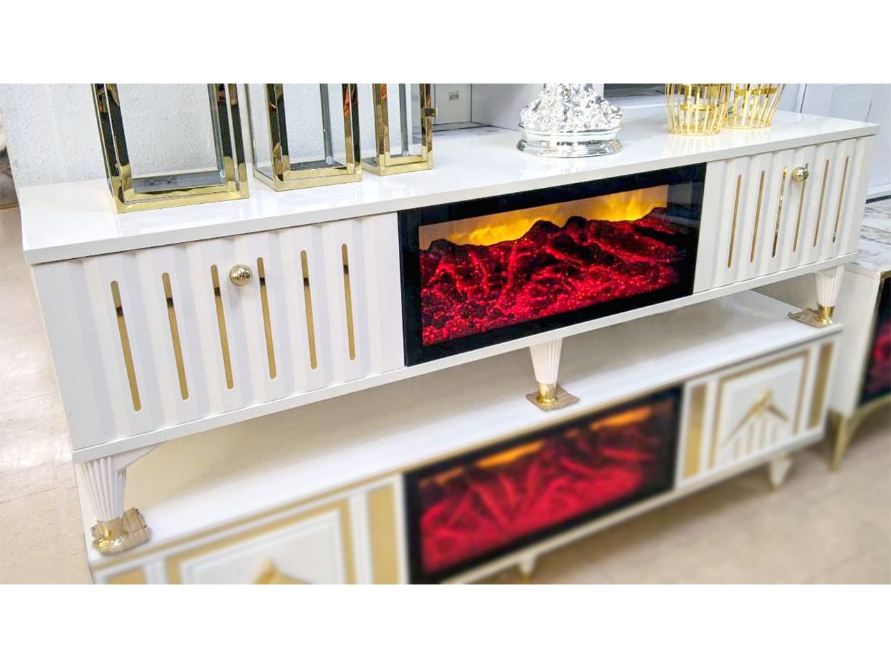LED Design TV-Lowboard &quot;Nick&quot; Deko Kamin 160 cm Weiss Gold