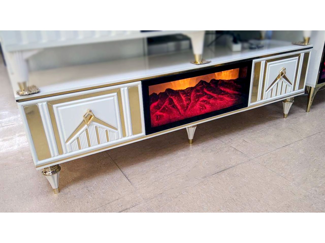 LED Design TV-Lowboard &quot;Tara&quot; Deko Kamin 160 cm Weiss Gold