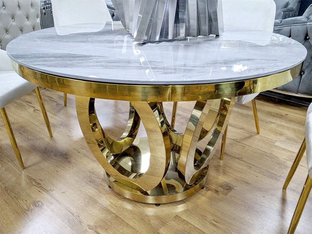 Design Esstisch Rund &quot;Gloria&quot; Ø ca. 130 cm Grau Gold Marmor-Optik