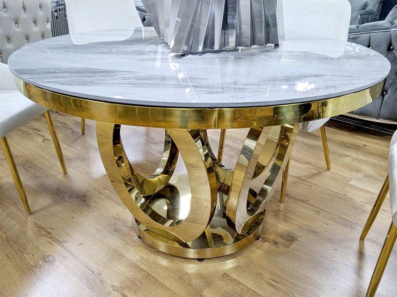 Design Esstisch Rund &quot;Gloria&quot; Ø ca. 130 cm Grau Gold Marmor-Optik