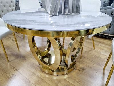 Design Esstisch Rund &quot;Gloria&quot; Ø ca. 130 cm Grau Gold Marmor-Optik