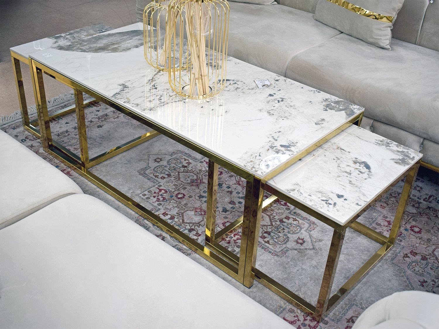Couchtisch + 2 Beisteller &quot;Tom&quot; Weiss Gold Marmor-Design Wohnzimmer