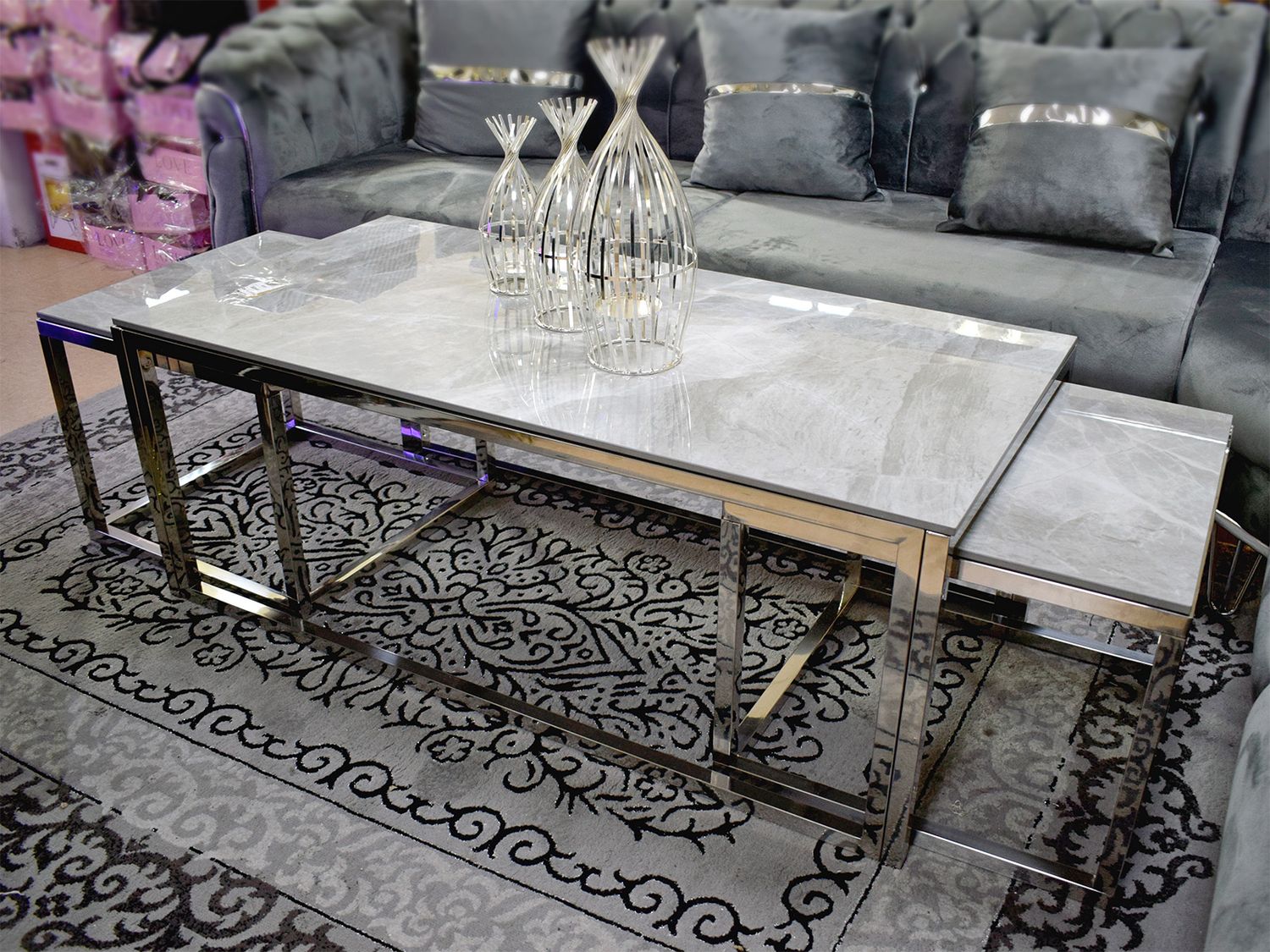 Couchtisch + 2 Beisteller &quot;Tom&quot; Grau Silber Marmor-Design Wohnzimmer