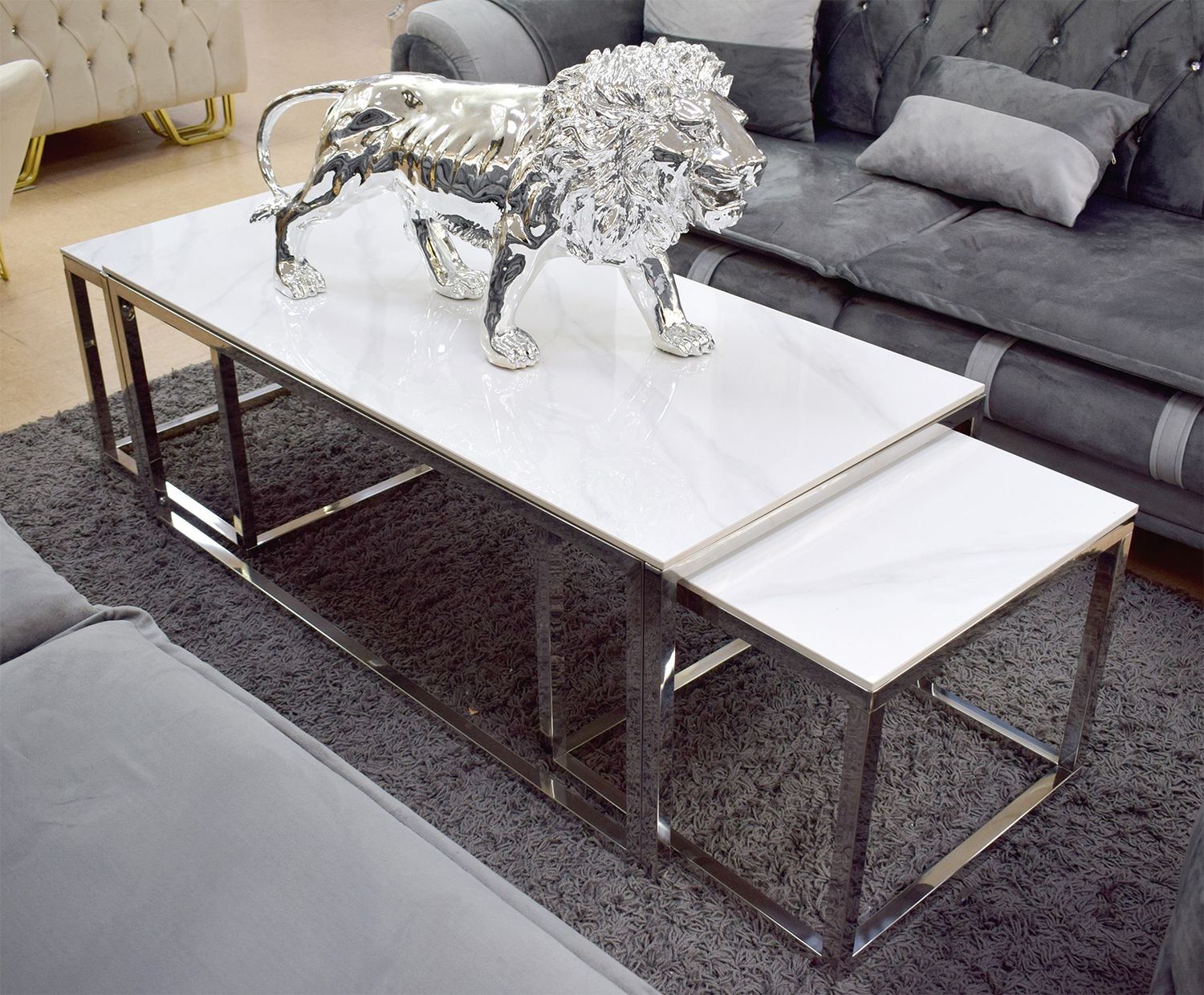 Couchtisch + 2 Beisteller &quot;Tom&quot; Weiss Silber Marmor-Design Wohnzimmer