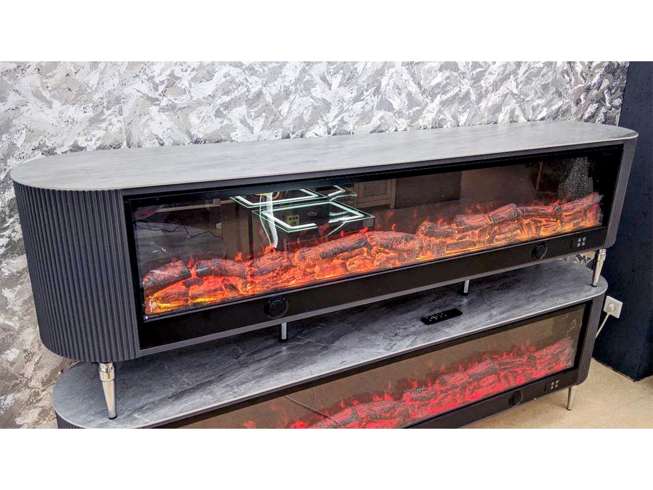 TV Lowboard Kamin &quot;Timo&quot; 200 cm Schwarz Grau Wohnzimmer