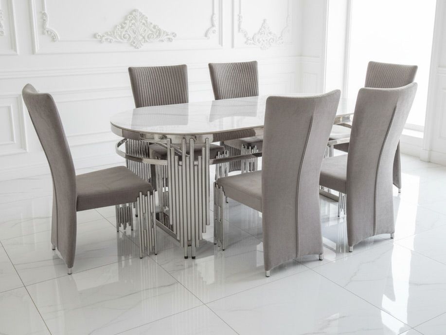 Esszimmer-Set &quot;Piano&quot; mit Esstisch Weiss Silber + 6 Stühle Grau Silber