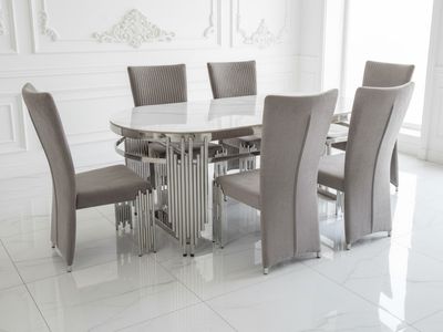 Esszimmer-Set &quot;Piano&quot; mit Esstisch Weiss Silber + 6 Stühle Grau Silber