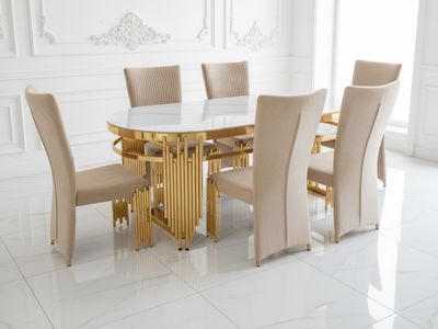 Esszimmer-Set &quot;Piano&quot; mit Esstisch Weiss Gold + 6 Stühle Beige Gold