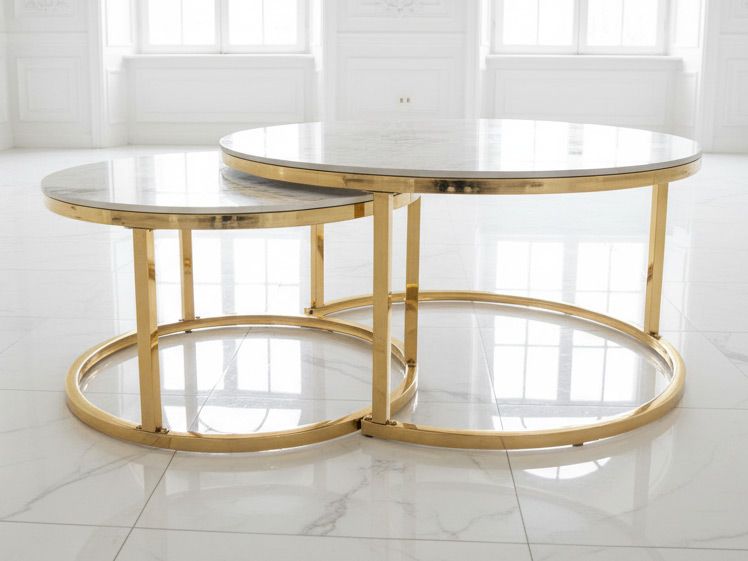 2er-Set Couchtisch &quot;Markus&quot; Weiss Gold Marmor-Design